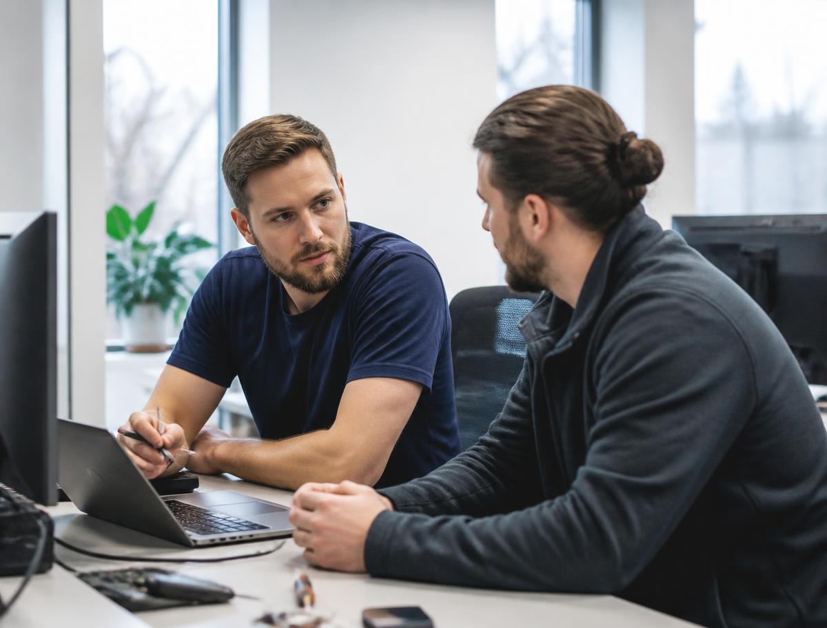 Zwei IT-Techniker besprechen eine Kundenumgebung an einem Arbeitsplatz im Büro